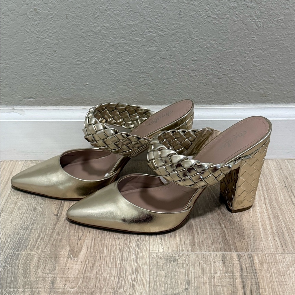 Charles by Charles David Gold Braided Mule Heels Pointed Toe 10M